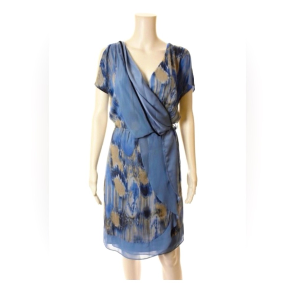 Antonio Melani Blue Watercolor‎ Silk Wrap Knee Length Dress 6
